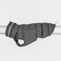 Grey padded quilted dog vest with high collar and rear leg cutouts