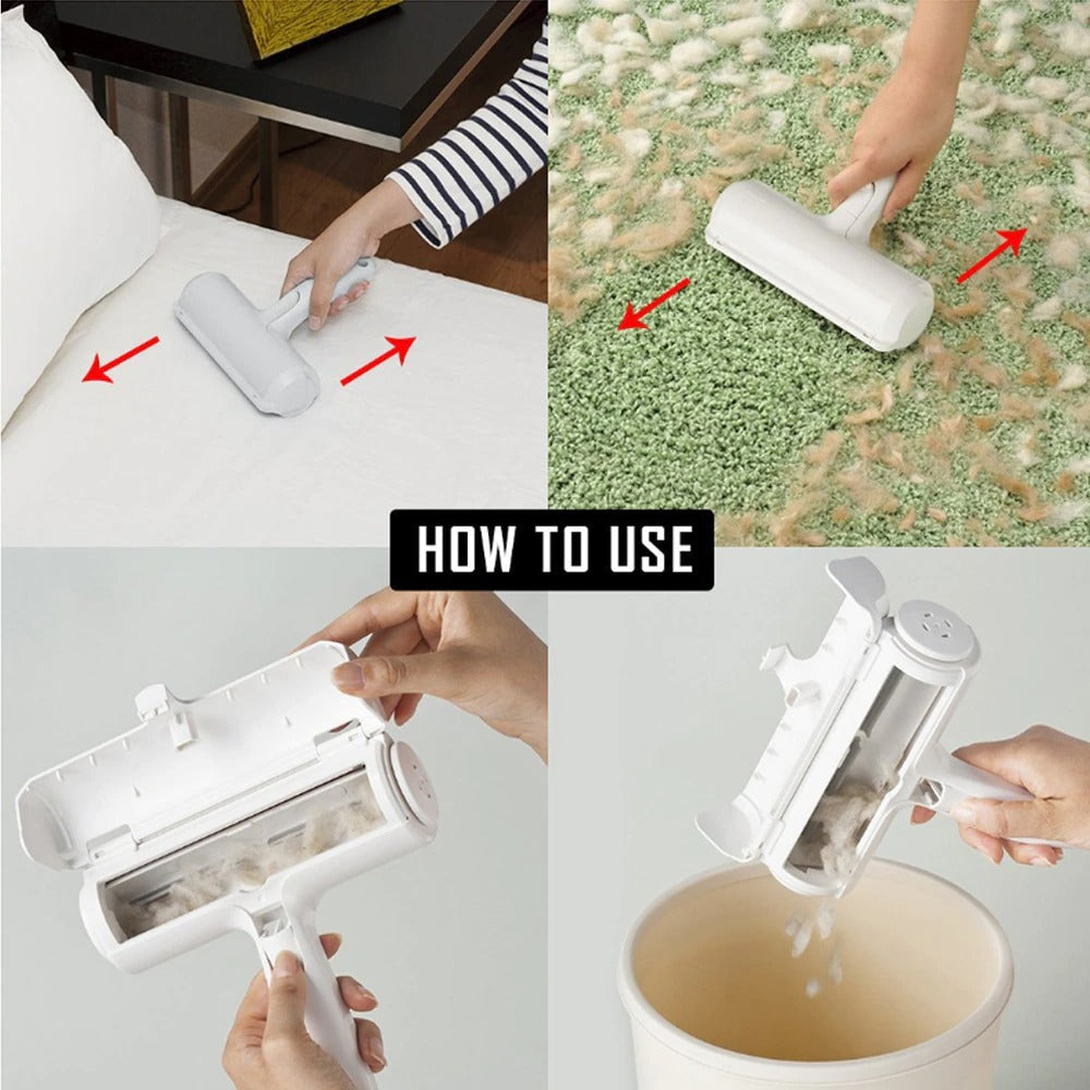 Pet hair remover lint brush being used on upholstery and carpet