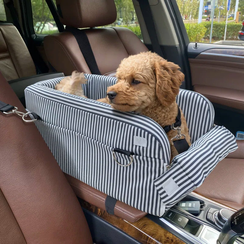 Striped fabric dog car seat carrier bed with adjustable shoulder straps and side zipper pocket