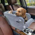 Striped fabric dog car seat carrier bed with adjustable shoulder straps and side zipper pocket