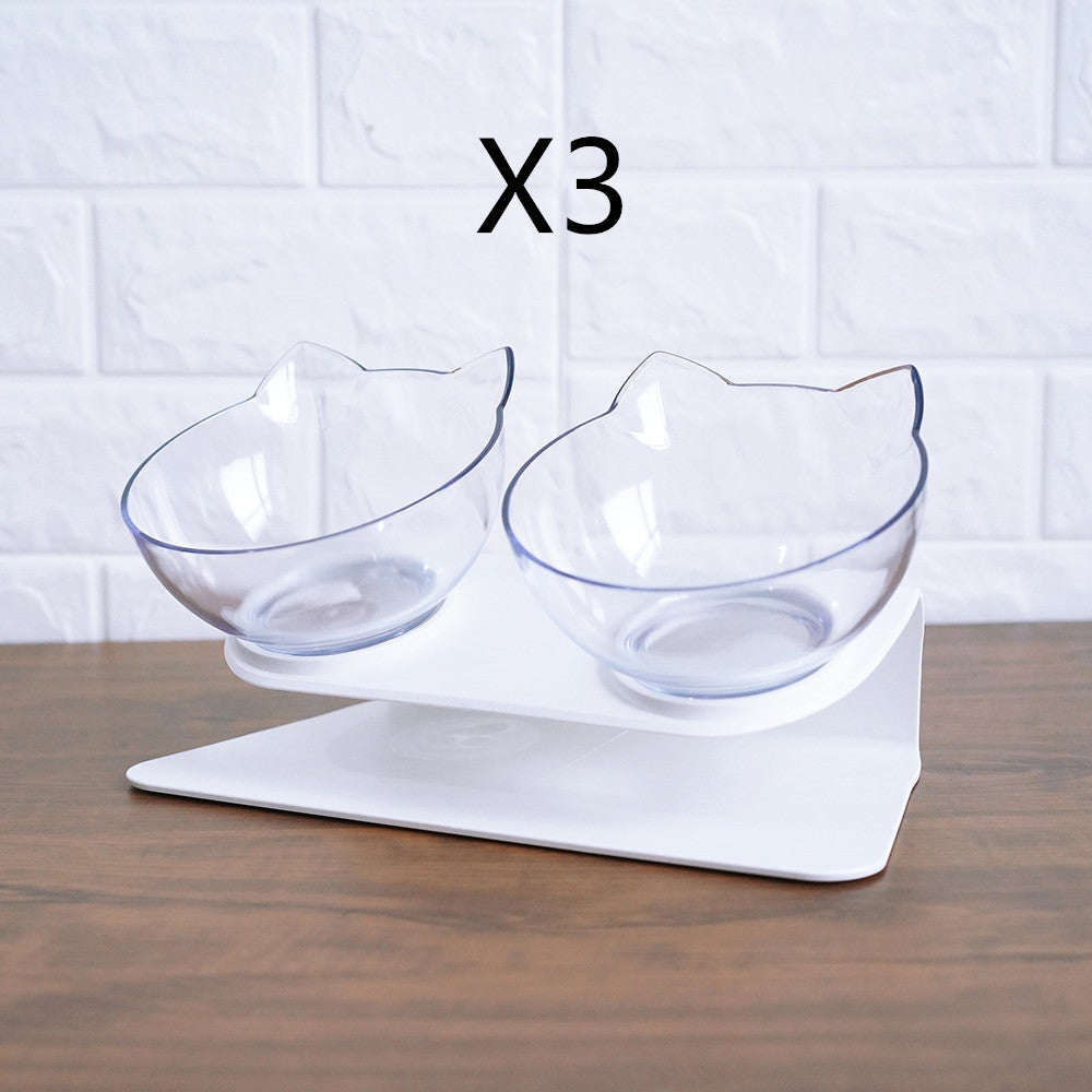 Two clear cat-shaped raised pet food bowls on white stand, non-slip base