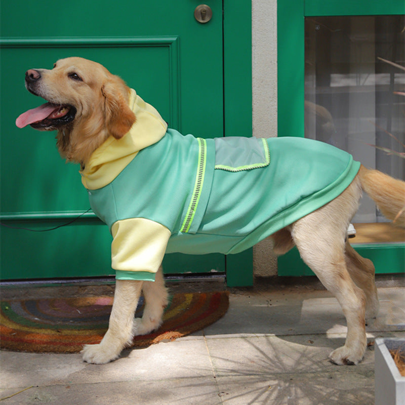 Green dog hoodie sweater with yellow hood and green stripe trim