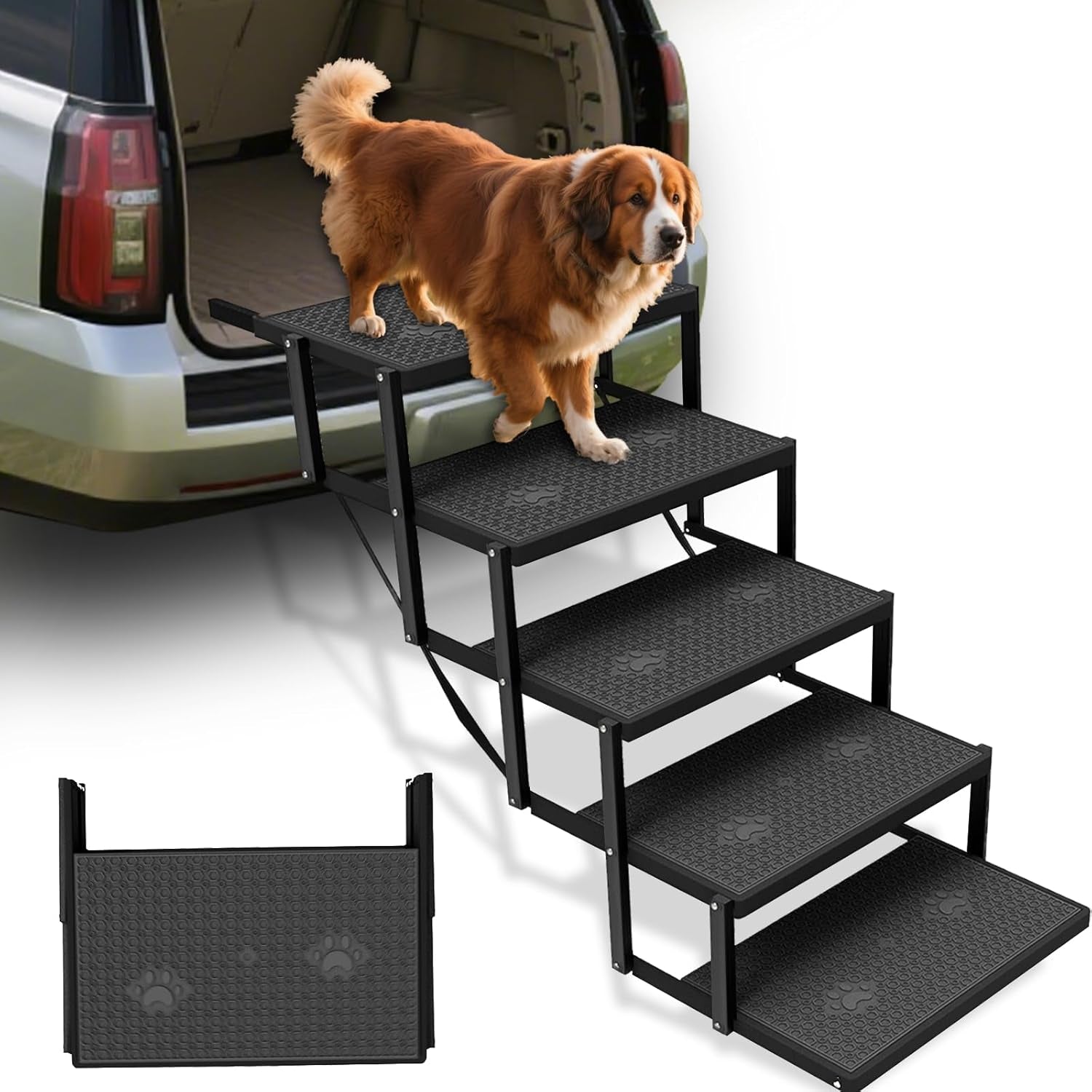 Foldable black 5-step dog stairs with textured non-slip treads and metal frame