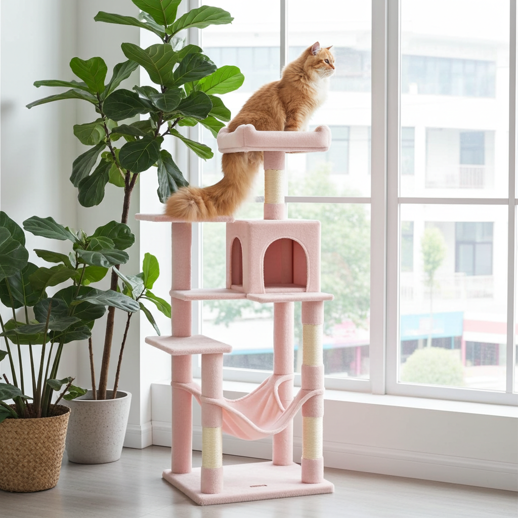 Jelly pink multi-cat tree tower with platforms, condo, and hanging hammock