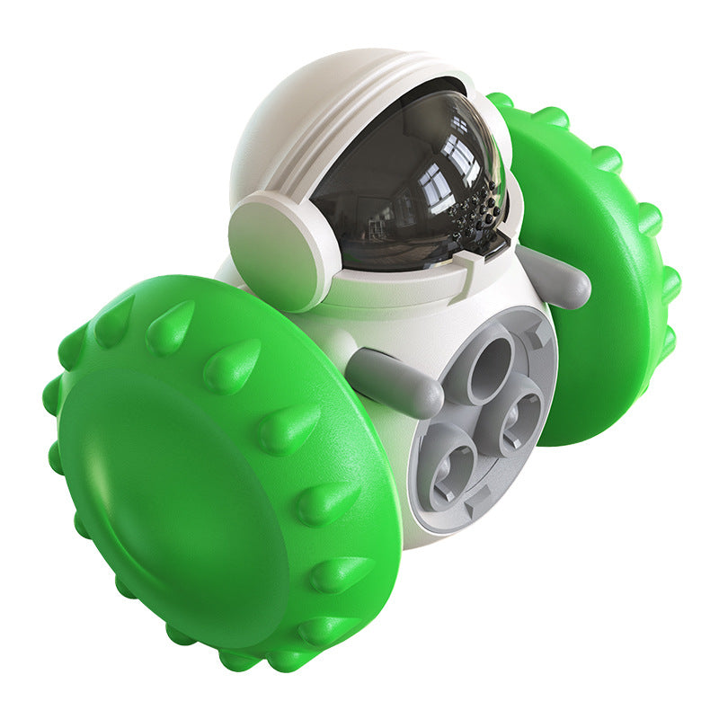 Interactive pet feeding balance car toy with green spiked rollers and clear cockpit window