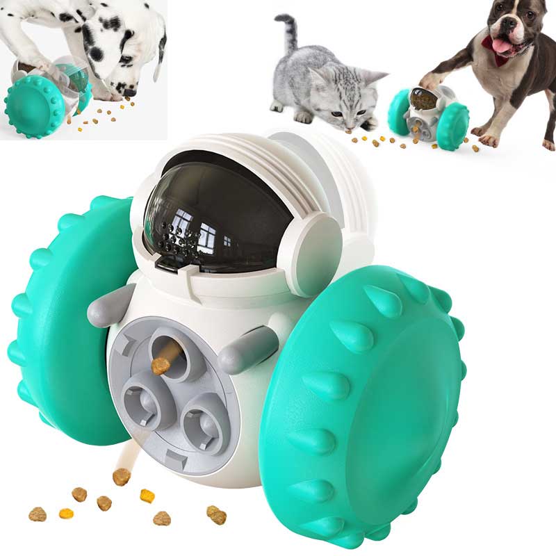 Teal slow-feed balance pet toy car with white body and spinning food cups