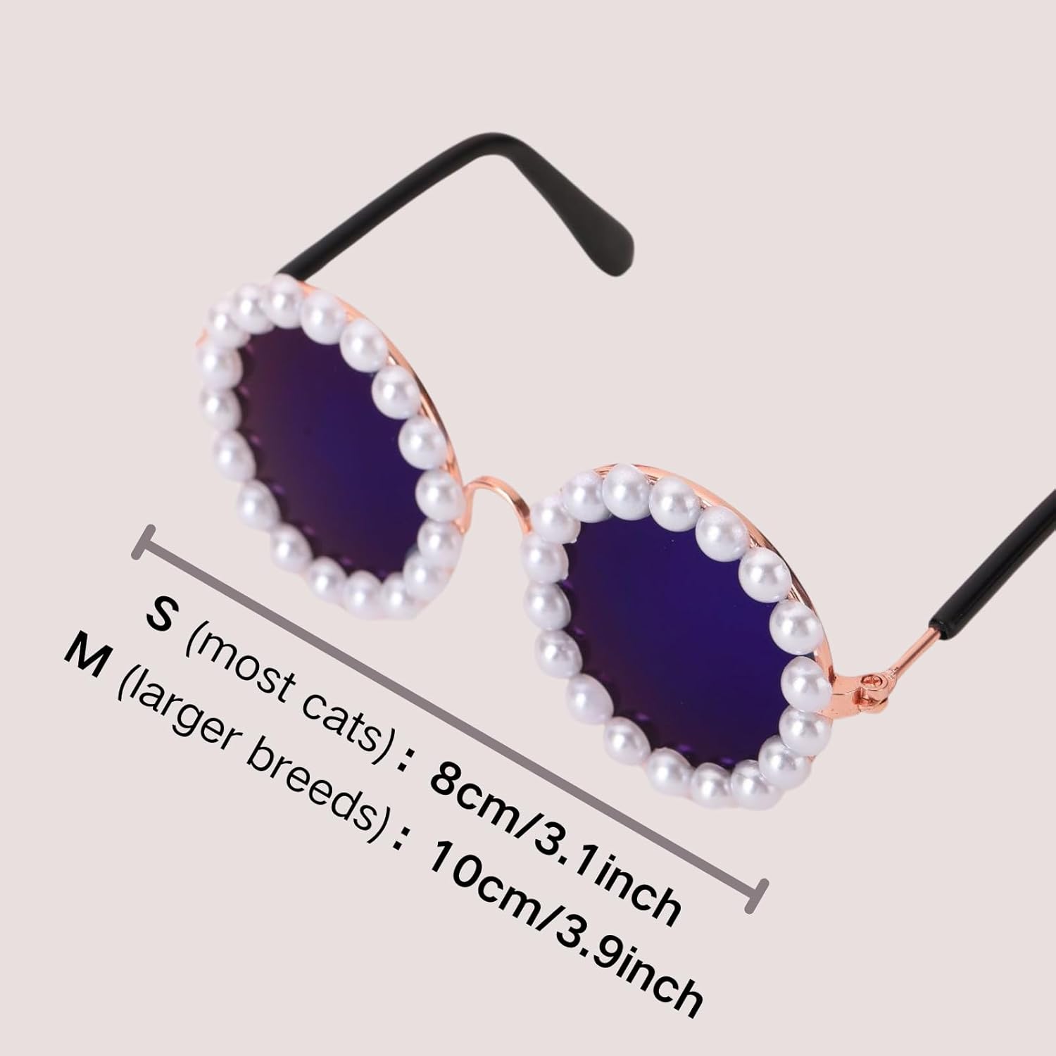 Round pearl sunglasses accessory with blue lenses, rose gold detail, black arms