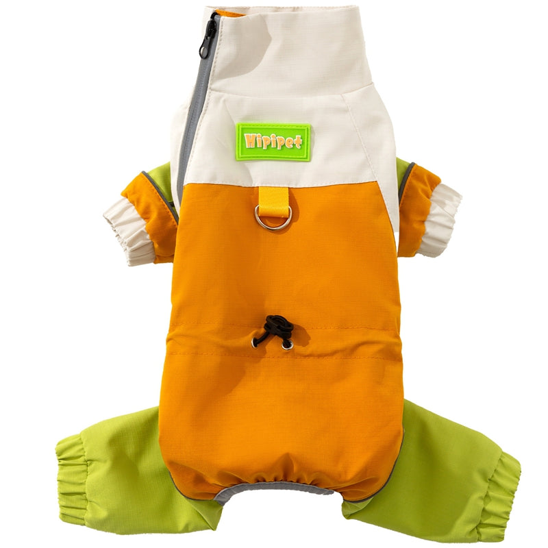 Back view waterproof dog jumpsuit with Wripet label, orange and white top, green legs