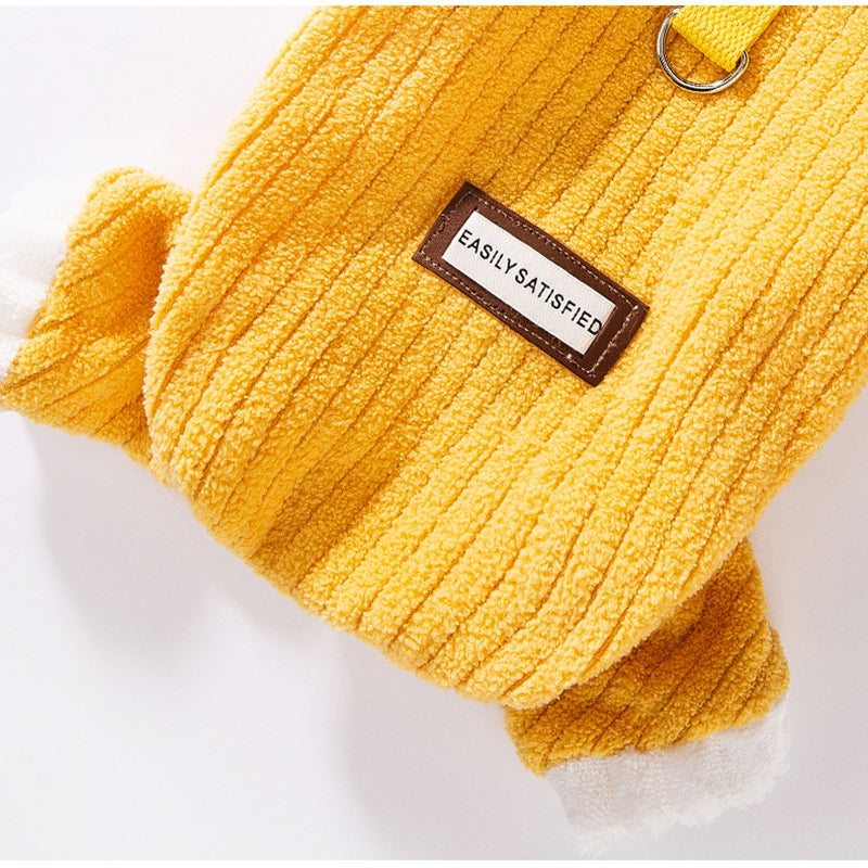 Yellow ribbed fleece pet jumpsuit sleeve with white ruffle and brand patch label