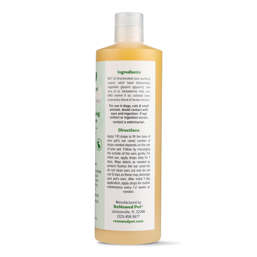 Pet ear cleaning solution bottle with white cap, side label with Ingredients and Directions