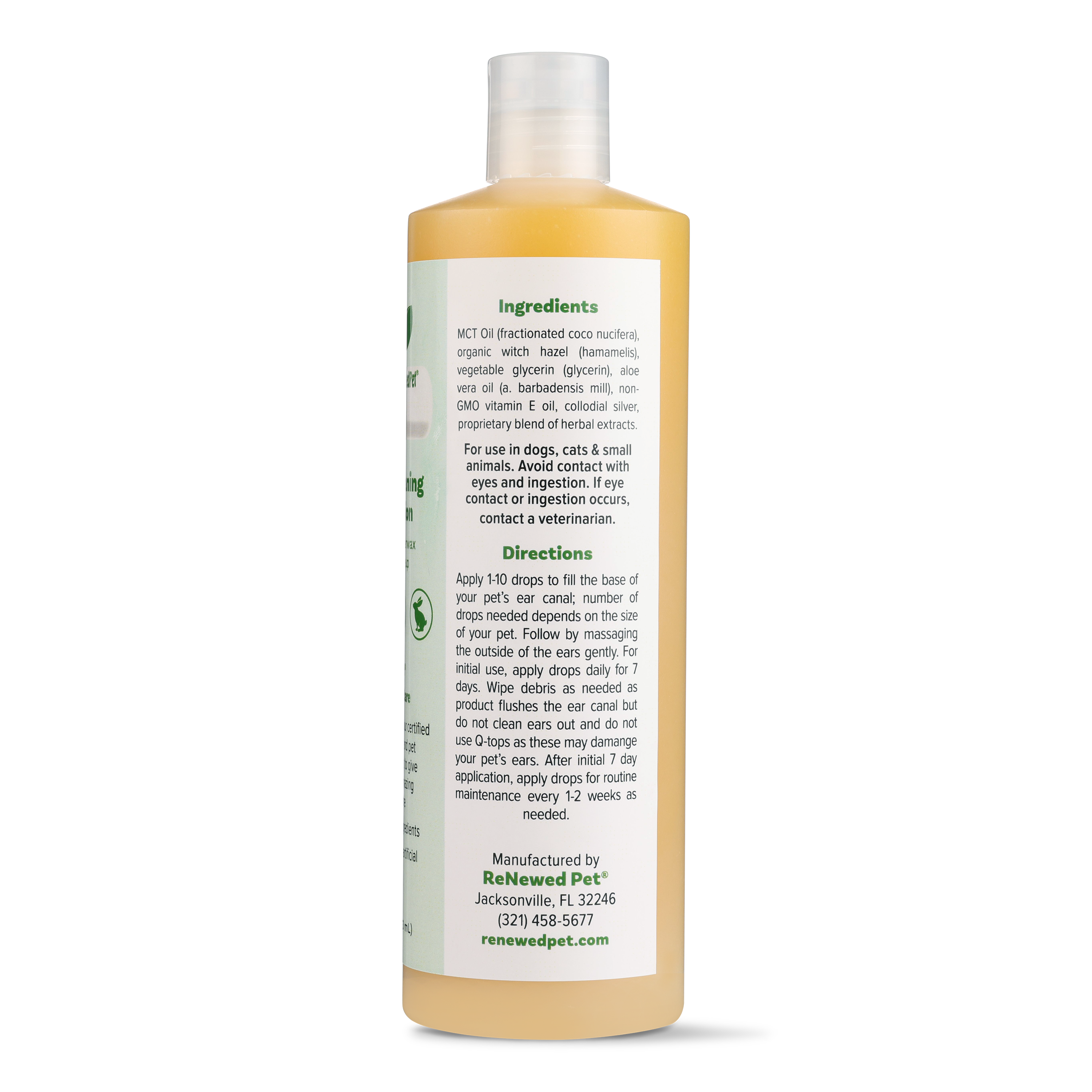 Pet ear cleaning solution bottle with white cap, side label with Ingredients and Directions