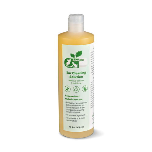 Pet ear cleaning solution bottle with white cap, yellow liquid, green label