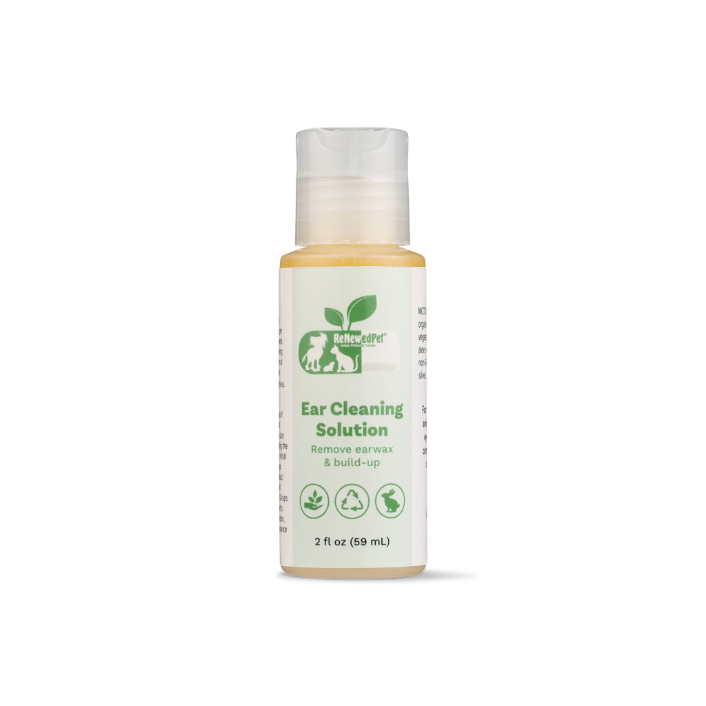 Pet ear cleaning solution bottle with white cap, front label and size text
