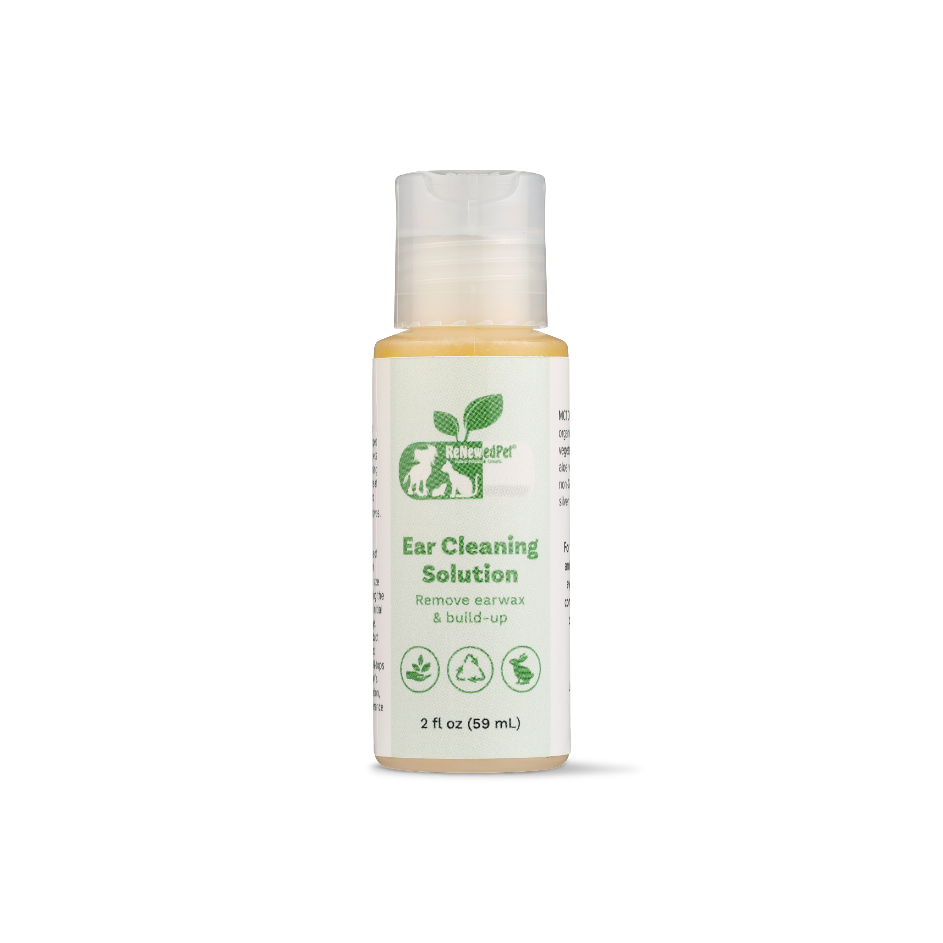 Pet ear cleaning solution bottle with white cap, front label and size text