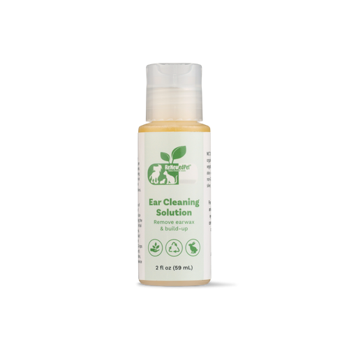 Pet ear cleaning solution bottle with white cap, front label and size text