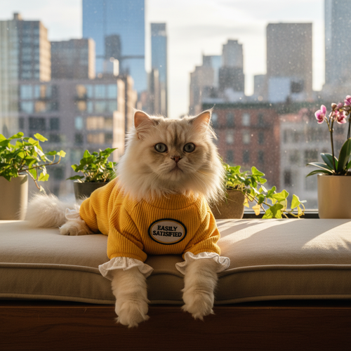 Cat wearing yellow ribbed fleece pet jumpsuit with white ruffle cuffs and logo patch
