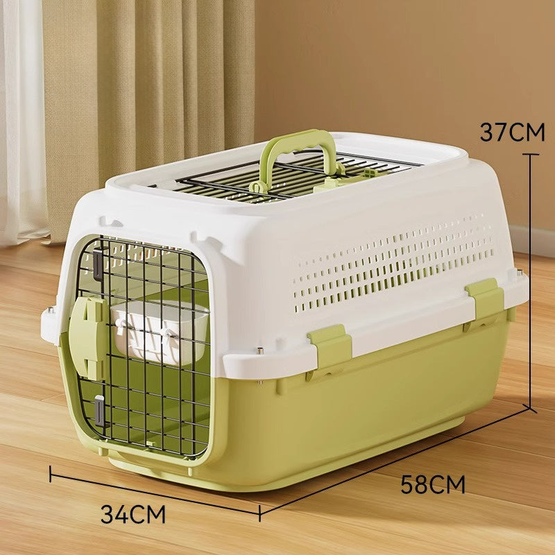 Airline-approved pet carrier crate with green accents and wire front door