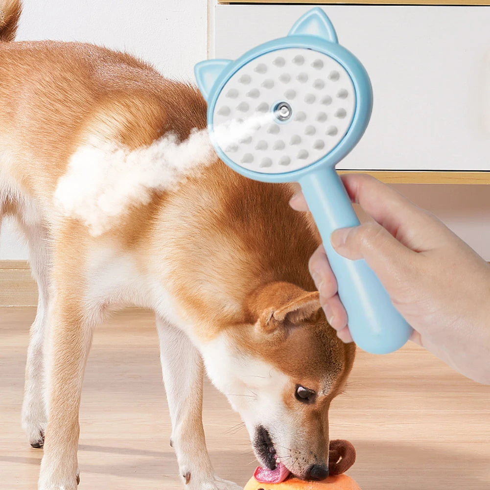 Rechargeable pet mist grooming slicker brush with white bristles on blue handle for dog coat