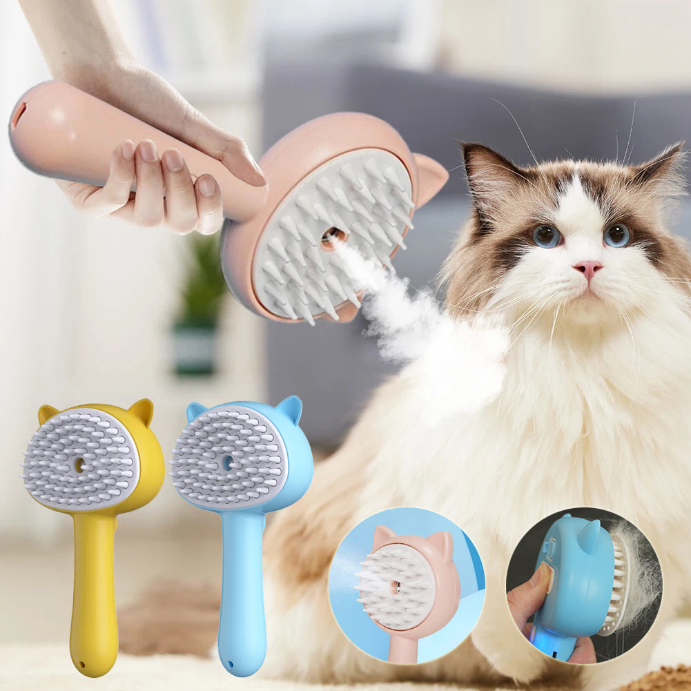 Rechargeable pet mist grooming slicker brush with white bristles, peach handle and cat-ear cover