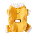 Yellow ribbed fleece pet jumpsuit with white ruffle trim and logo patch front