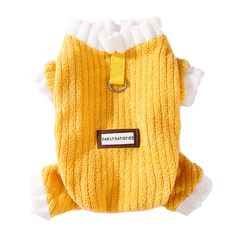 Yellow ribbed fleece pet jumpsuit with white ruffle trim and logo patch front