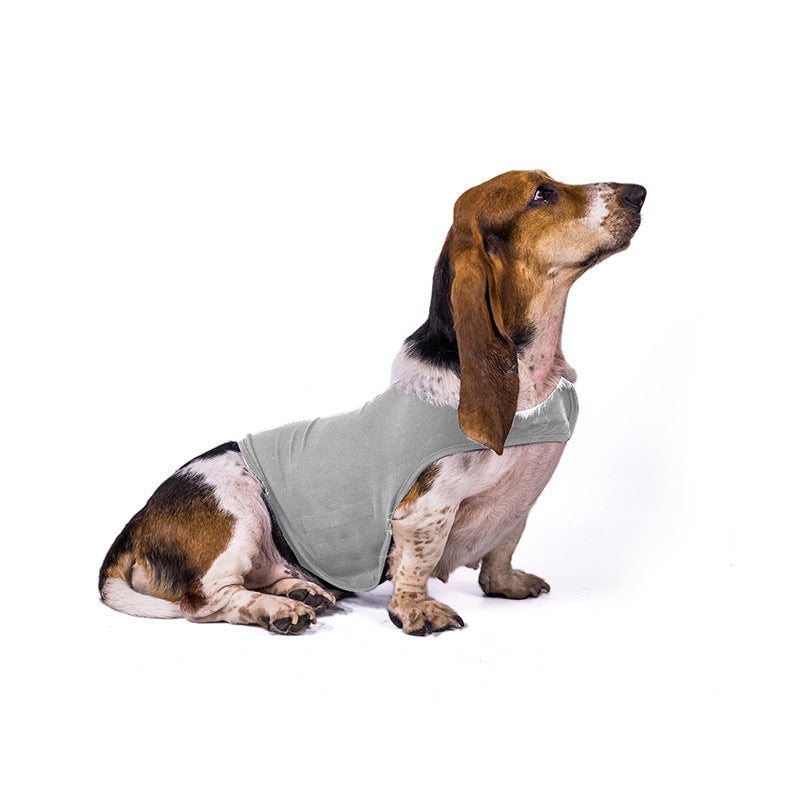 Pet calming anxiety vest, light grey fabric with front panel and arm openings