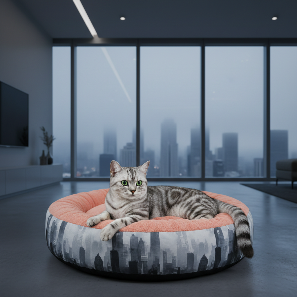 Round coral fleece pet bed with cityscape print, cat resting on top.