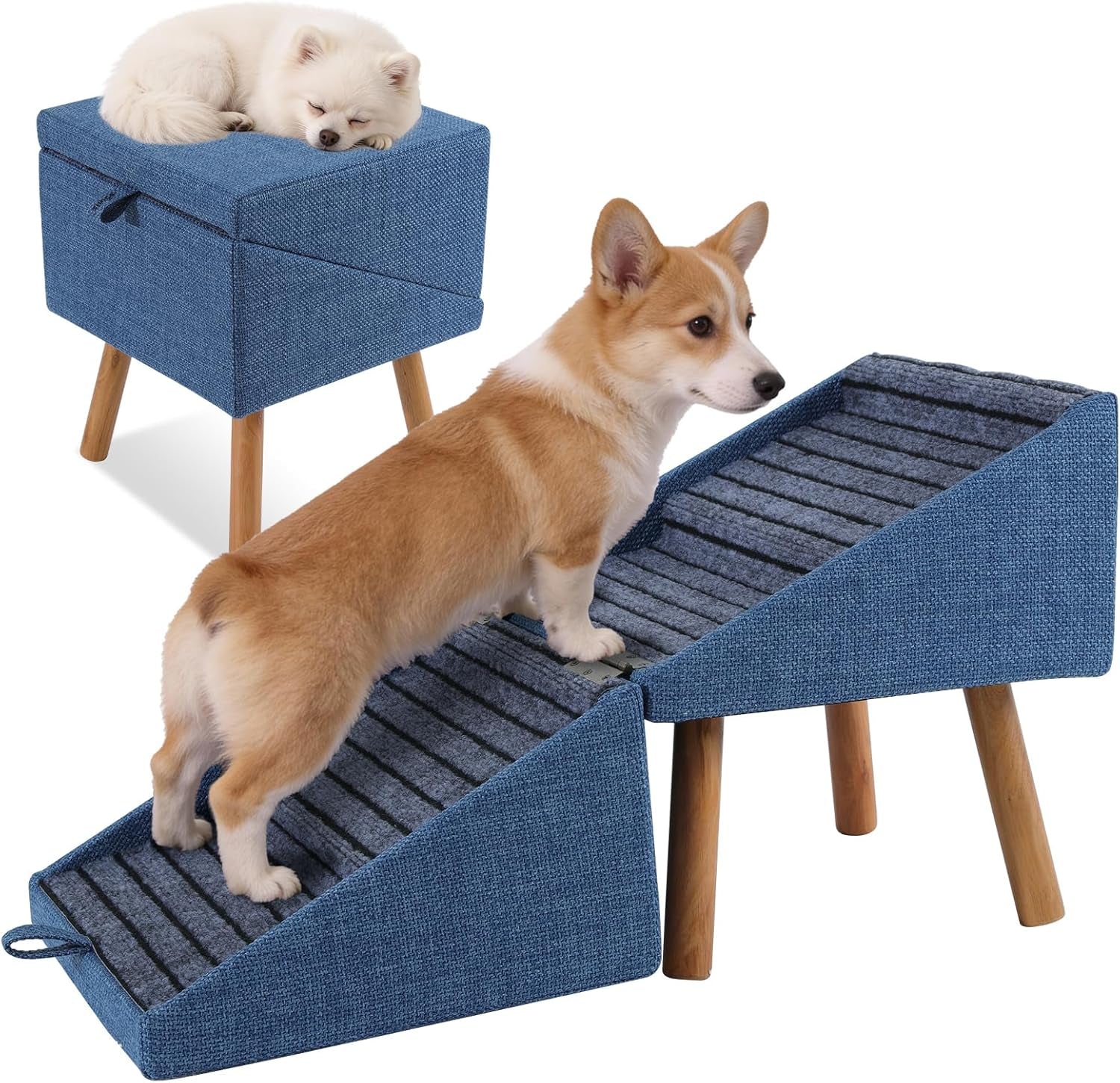 Blue foldable pet steps ottoman with ribbed non-slip surface and short armrests