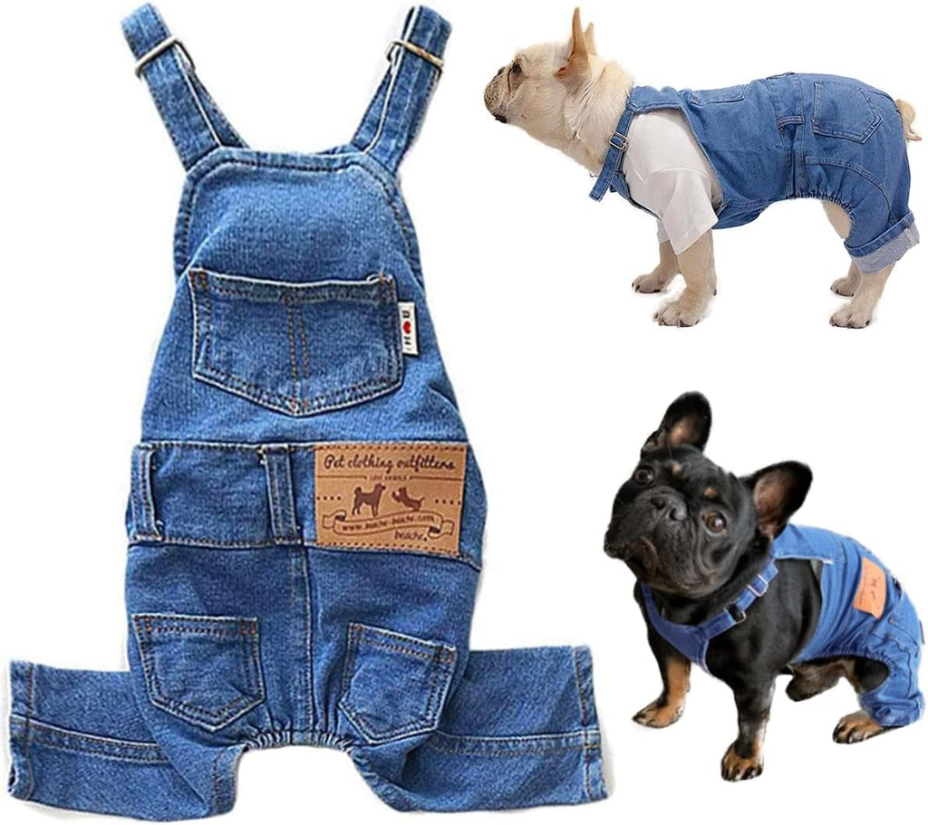 Blue denim dog overalls jumpsuit with adjustable straps and front chest pocket