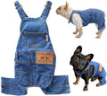 Blue denim dog overalls jumpsuit with adjustable straps and front chest pocket