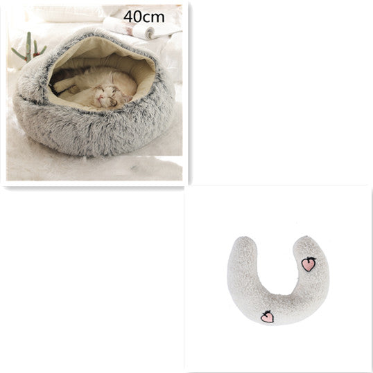 Gray round plush pet bed with kitten; light gray U-shaped bolster with heart patches