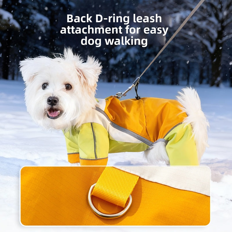 Waterproof reflective dog jumpsuit in orange, yellow, green with leash D-ring attachment