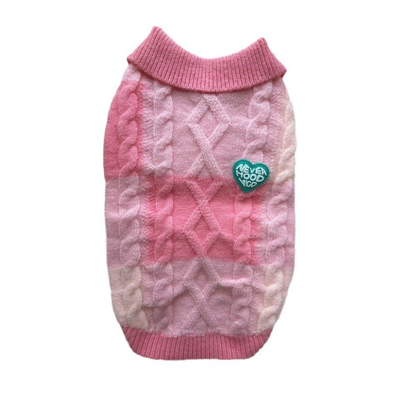Pet plaid polo-collar cardigan sweater, pink knit with small chest patch