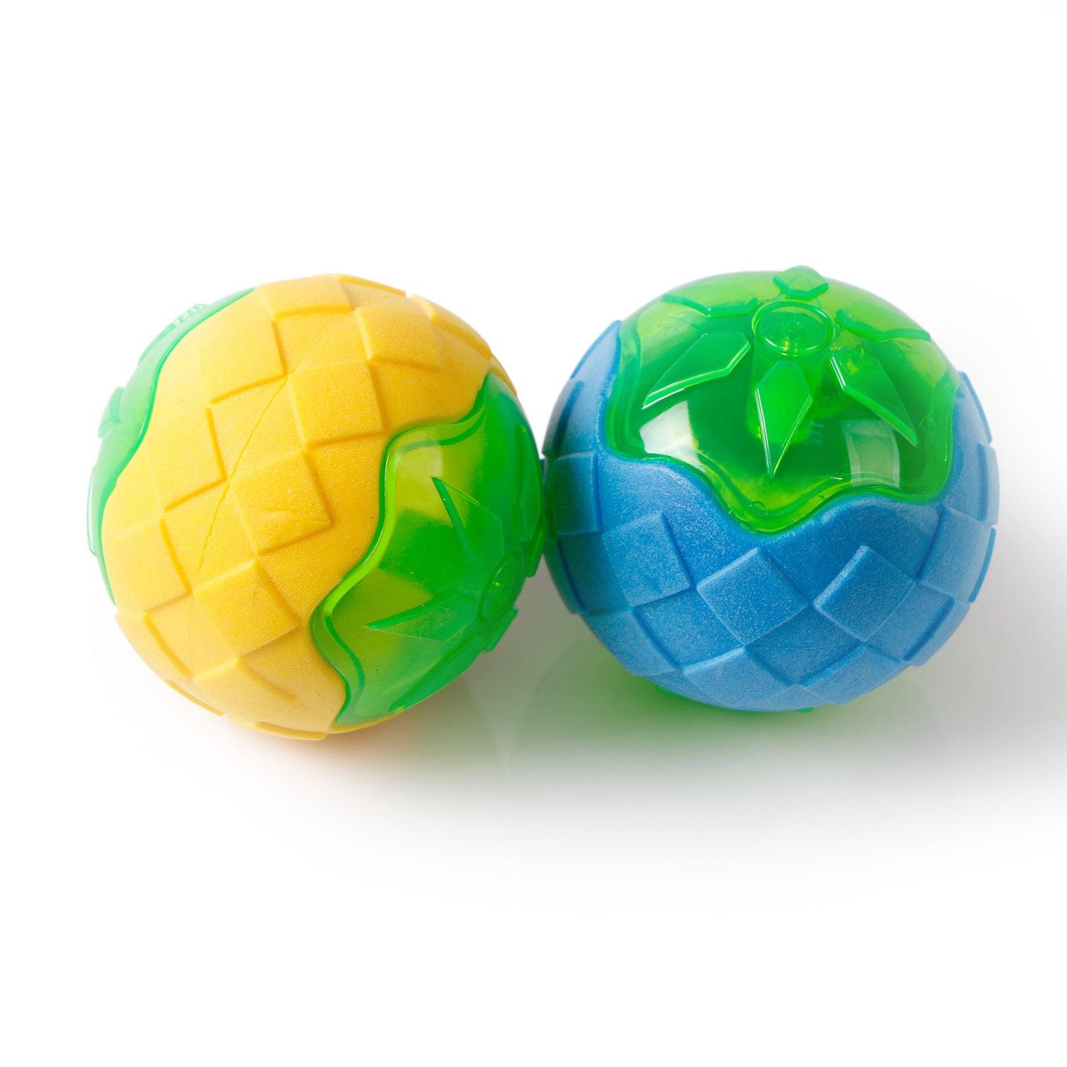 Pair of glowing audible textured dog toy balls: yellow with green and blue with green