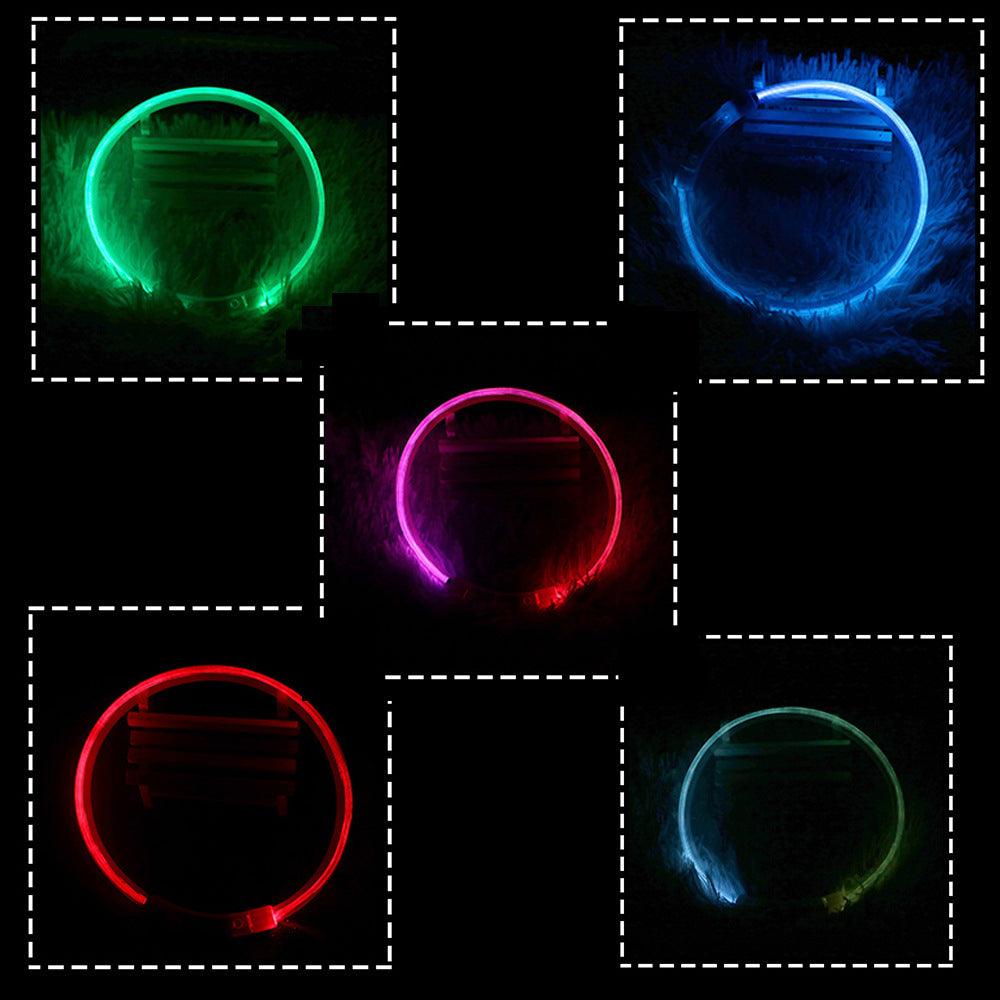 Pet collar glow with three flashing modes, shown in multiple light colors