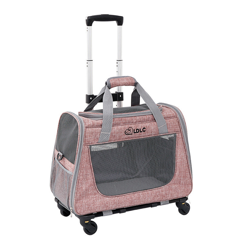 Pink rolling pet carrier with front mesh window and top carry handle