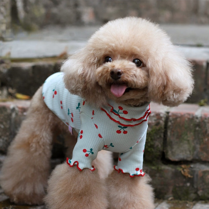 Dog top white with cherry print, red ruffled lapel and wavy edge sleeves