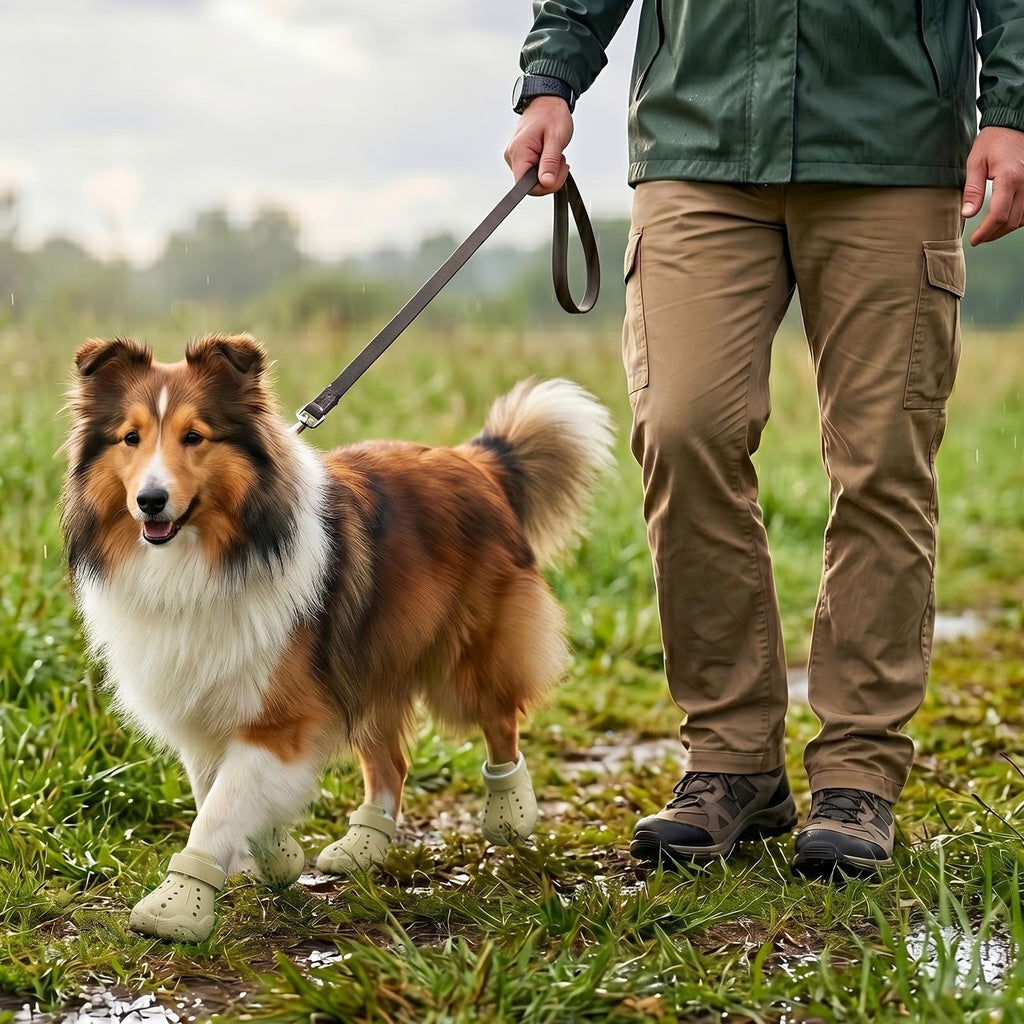 Dog wearing light beige clog shoes with perforations and hook-and-loop strap on grass.
