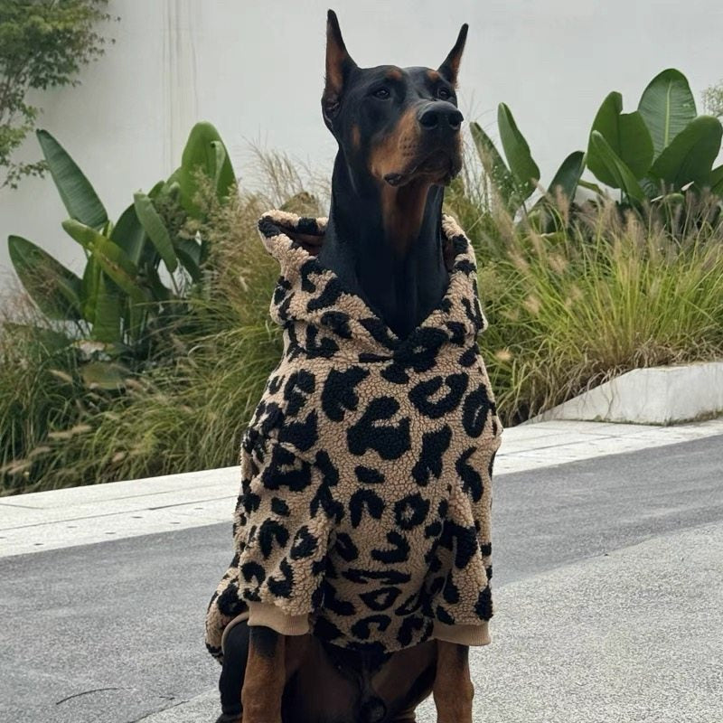 Brown leopard-print dog fleece sweater with hood, full coverage