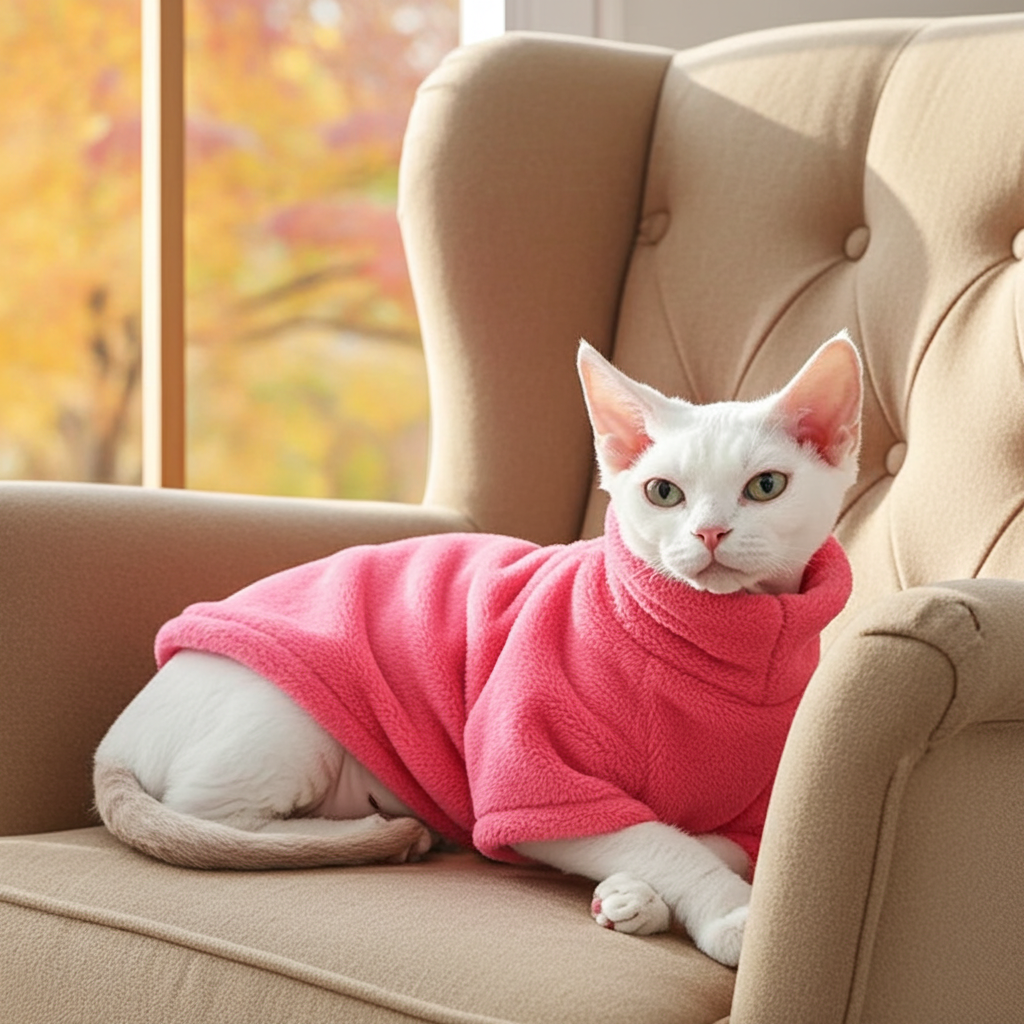 Pink turtleneck sweater on white hairless cat