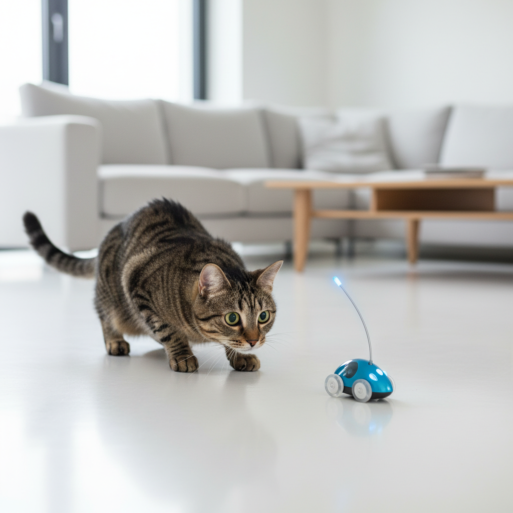 Blue electric auto-moving mouse cat toy with USB rechargeable antenna wand