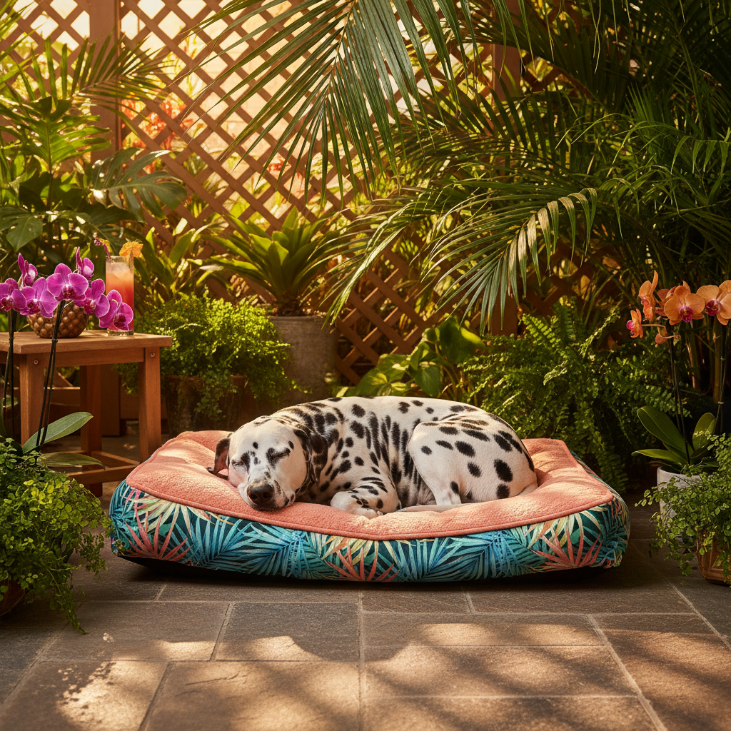 Tropical leaf pet bed with coral fleece cushion and blue patterned base