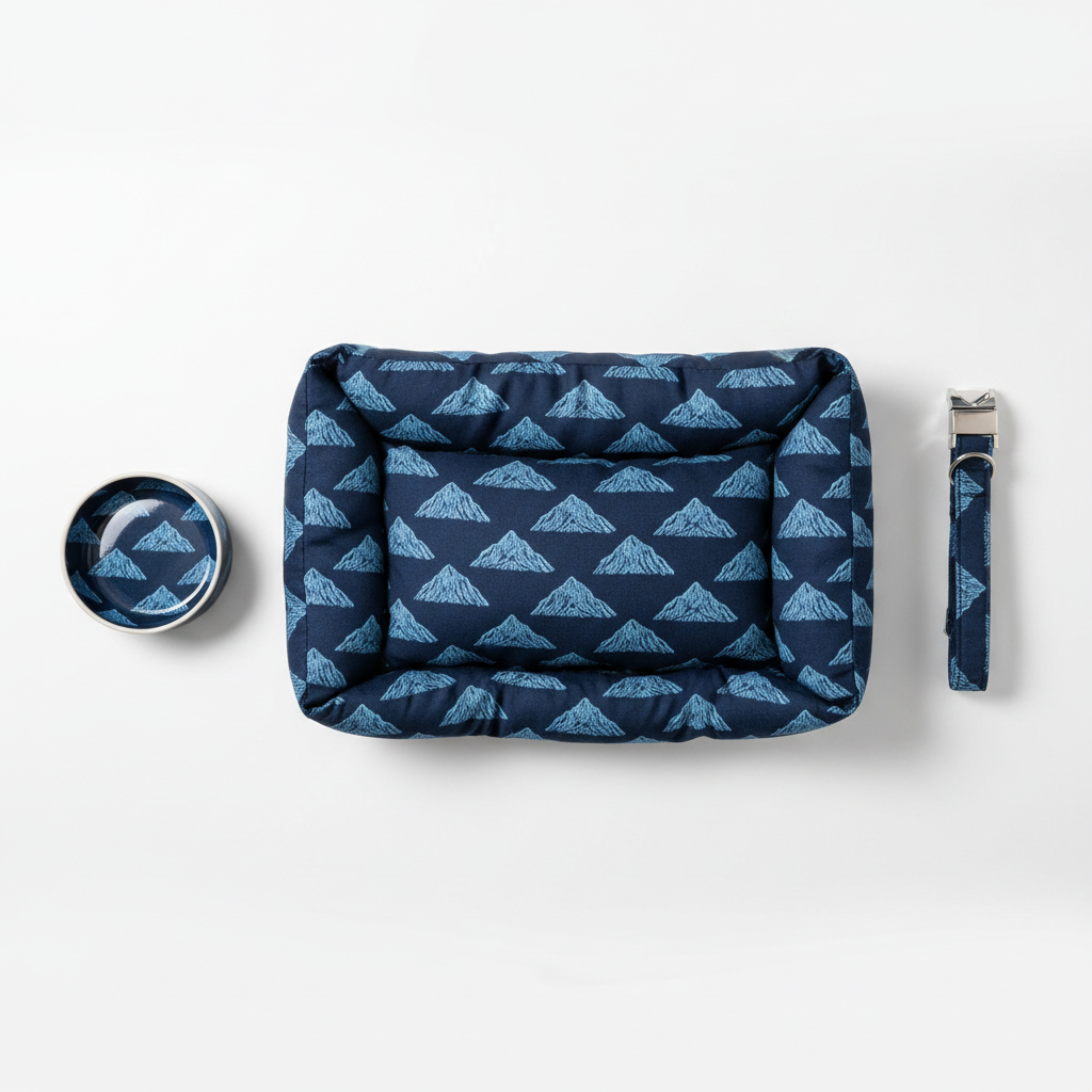 Blue mountain-pattern pet bed with matching collar and bowl