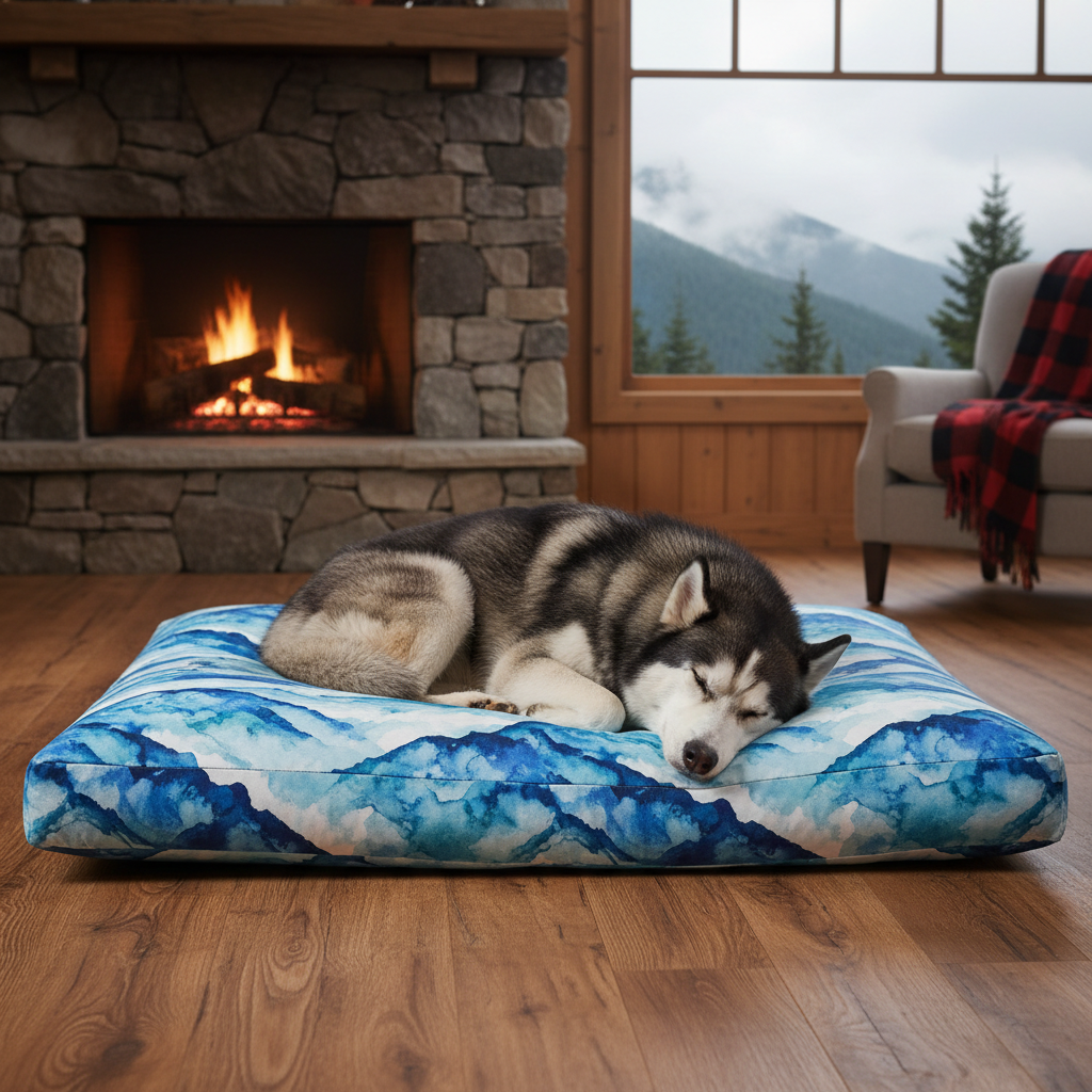 Pet bed with blue watercolor mountain waves print and zippered cover, coral fleece lining