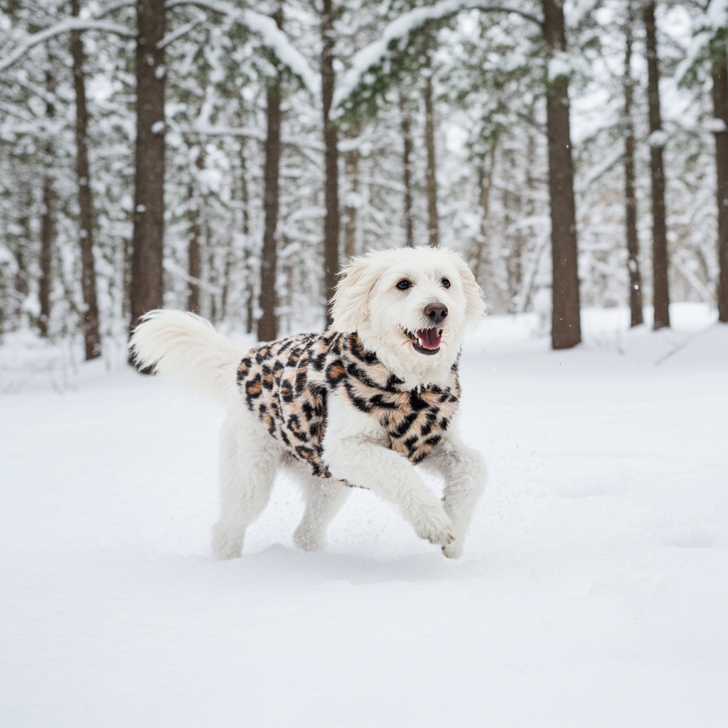Leopard-print mink-fur dog coat on white dog, outdoor wear (no background details)