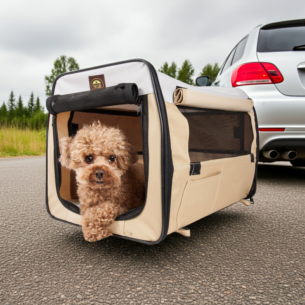 Khaki wire pet carrier with black mesh door holding a small dog, zip closure visible