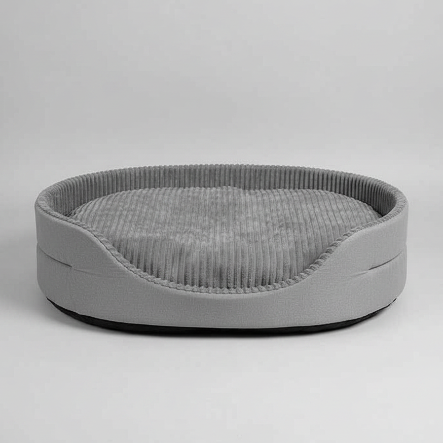Round large dog cooling mat bed, gray ribbed top and light gray sides with dark base trim