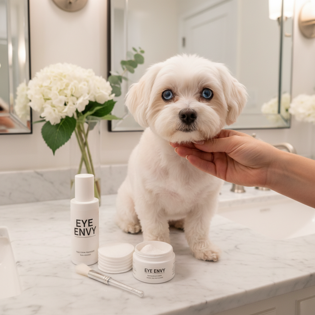 Eye Envy dog tear stain remover kit: bottle, powder jar, stacked pads, brush applicator.