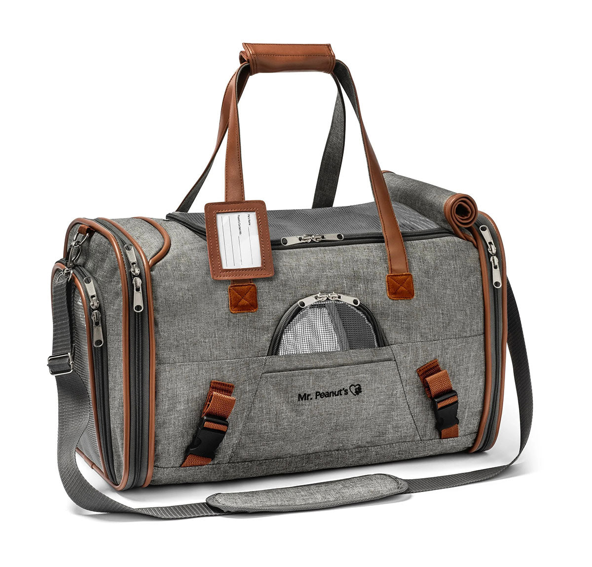 Gray pet carrier with brown trim, front mesh opening, side zip pockets, shoulder strap