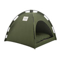 Green fabric cat tent with arched doorway and soft inner cushion, freestanding
